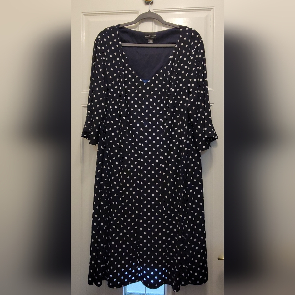 CONNECTED APPAREL Navy/white dot Fit & Flare 22W dress with 3/4 bell sleeve.